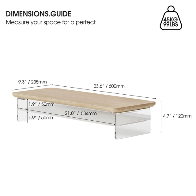 Alt view image 4 of 7 - Fenge 23.6" Monitor Stand with Clear Acrylic Legs, Oak | Clear Acrylic, Storage Compartment, 2-tier Home Office Monitor Riser, Wide Large Desktop Shelf Fit Monitor/Laptop/Printer