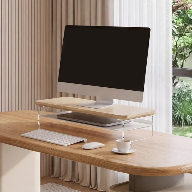 Alt view image 7 of 7 - Fenge 23.6" Monitor Stand with Clear Acrylic Legs, Oak | Clear Acrylic, Storage Compartment, 2-tier Home Office Monitor Riser, Wide Large Desktop Shelf Fit Monitor/Laptop/Printer