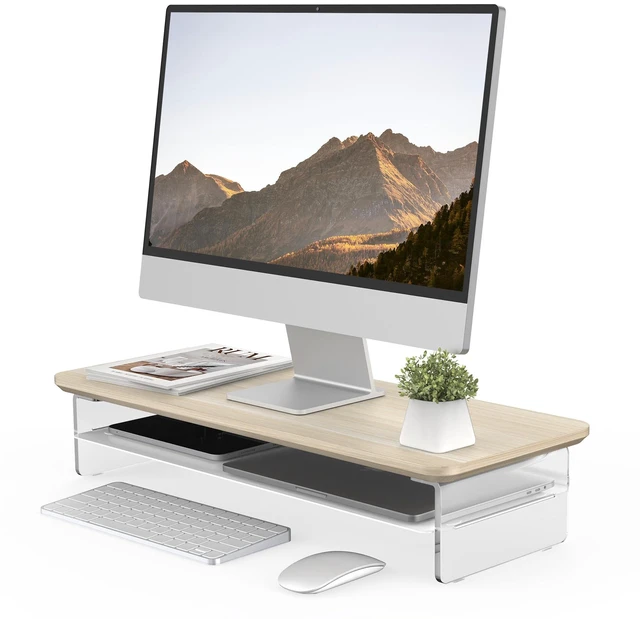 Main image of Fenge 23.6" Monitor Stand with Clear Acrylic Legs, Oak | Clear Acrylic, Storage Compartment, 2-tier Home Office Monitor Riser, Wide Large Desktop Shelf Fit Monitor/Laptop/Printer