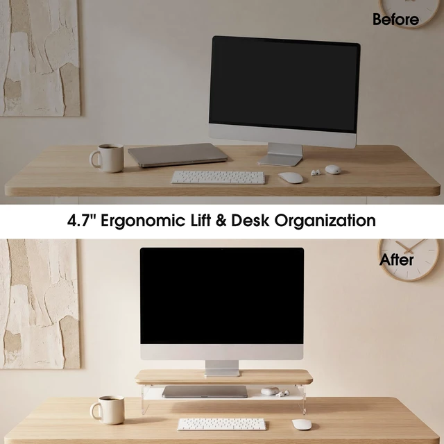 Alt view image 6 of 7 - Fenge 23.6" Monitor Stand with Clear Acrylic Legs, Oak | Clear Acrylic, Storage Compartment, 2-tier Home Office Monitor Riser, Wide Large Desktop Shelf Fit Monitor/Laptop/Printer