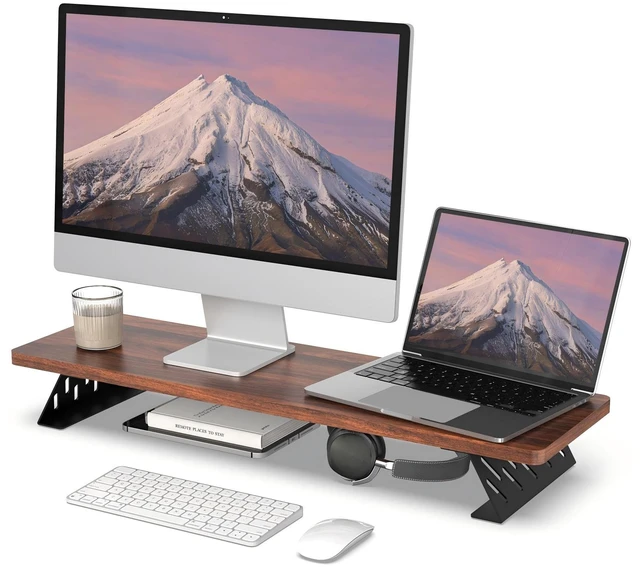 Main image of Fenge Monitor Stand Riser, Wooden & Metal Desk Shelf Organizer, Brown | 31.5in Computer Stand, Single Monitor Setup, for Compact Work Station, Multifunctional Monitor Shelf for Laptop, PC, Printer