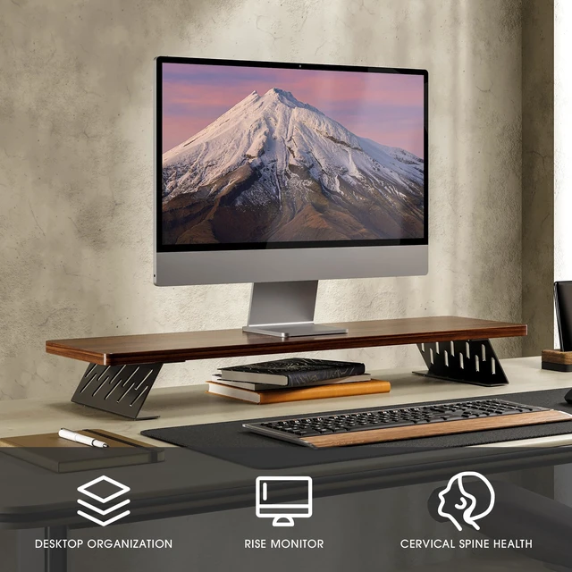 Alt view image 2 of 7 - Fenge Monitor Stand Riser, Wooden & Metal Desk Shelf Organizer, Brown | 31.5in Computer Stand, Single Monitor Setup, for Compact Work Station, Multifunctional Monitor Shelf for Laptop, PC, Printer