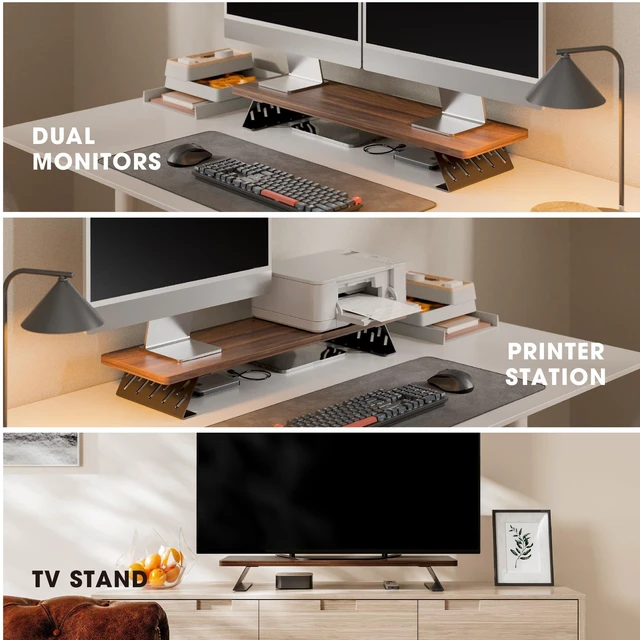 Alt view image 7 of 7 - Fenge Monitor Stand Riser, Wooden & Metal Desk Shelf Organizer, Brown | 31.5in Computer Stand, Single Monitor Setup, for Compact Work Station, Multifunctional Monitor Shelf for Laptop, PC, Printer