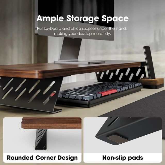 Alt view image 6 of 7 - Fenge Monitor Stand Riser, Wooden & Metal Desk Shelf Organizer, Brown | 31.5in Computer Stand, Single Monitor Setup, for Compact Work Station, Multifunctional Monitor Shelf for Laptop, PC, Printer
