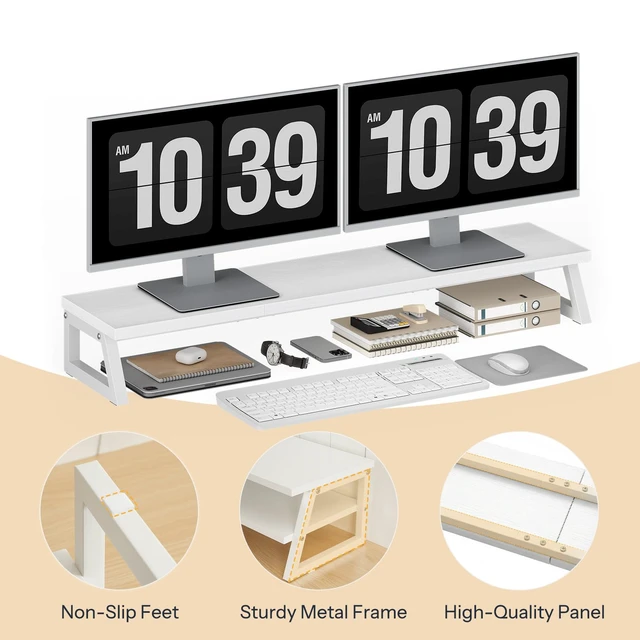 Alt view image 6 of 7 - HOOBRO Dual Monitor Stand Riser, 39 Inch Large Computer Monitor Stand for 2 Monitors, Computer Monitor Riser, Desk Shelf Organizer for Office Desk, Accessories, White WW121CJ01