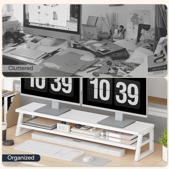 Alt view image 7 of 7 - HOOBRO Dual Monitor Stand Riser, 39 Inch Large Computer Monitor Stand for 2 Monitors, Computer Monitor Riser, Desk Shelf Organizer for Office Desk, Accessories, White WW121CJ01