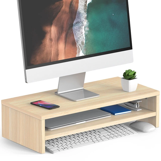 Main image of FITUEYES Wooden Monitor Stand Riser, 2-Tier Desk Storage Shelf, Oak | 21.3-Inch Desktop Organizer Fits Laptop, Computer Screen and Office Supplies