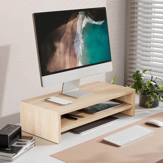 Alt view image 2 of 6 - FITUEYES Wooden Monitor Stand Riser, 2-Tier Desk Storage Shelf, Oak | 21.3-Inch Desktop Organizer Fits Laptop, Computer Screen and Office Supplies