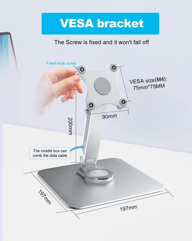 Alt view image 3 of 7 - JUNEBOX 75x75mm VESA Monitor Mount Stand, M4 Anti-Loss Screws, Aluminum Alloy Base, Fits 7"-18" Small Portable Monitors, Silver Foldable Lay Flat Monitor Stand (Not Fit 100x100mm Vesa)