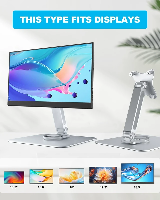 Alt view image 2 of 7 - JUNEBOX 75x75mm VESA Monitor Mount Stand, M4 Anti-Loss Screws, Aluminum Alloy Base, Fits 7"-18" Small Portable Monitors, Silver Foldable Lay Flat Monitor Stand (Not Fit 100x100mm Vesa)