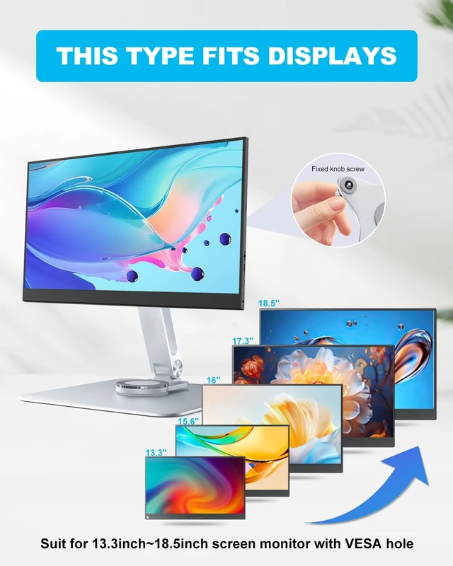 Alt view image 4 of 7 - JUNEBOX 75x75mm VESA Monitor Mount Stand, M4 Anti-Loss Screws, Aluminum Alloy Base, Fits 7"-18" Small Portable Monitors, Silver Foldable Lay Flat Monitor Stand (Not Fit 100x100mm Vesa)