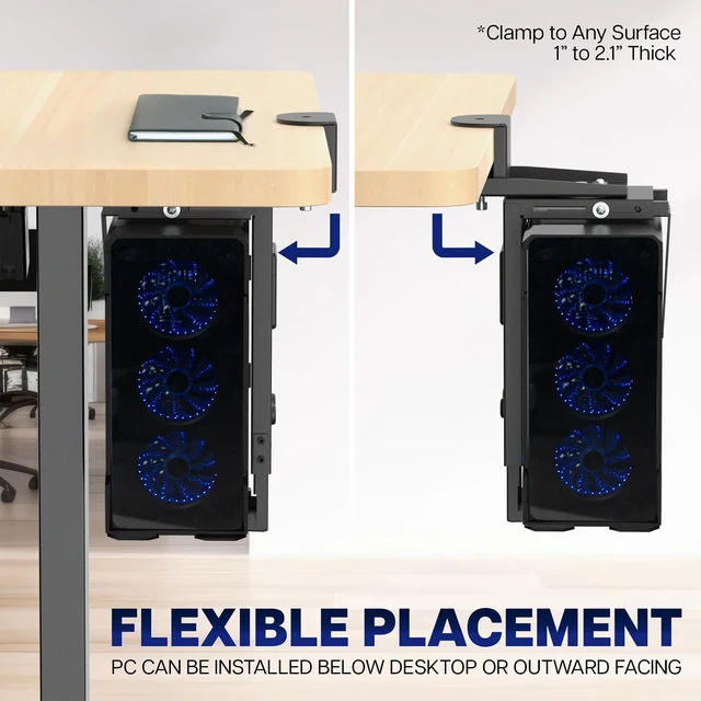 Alt view image 5 of 7 - VIVO Black Clamp-On PC Desk Mount, MOUNT-PCC1S | 3.5-7.8 in Wide Adjustable Steel Bracket, Computer Case CPU Holder with Swivel Action and Secure Locking, Holds 22 lbs