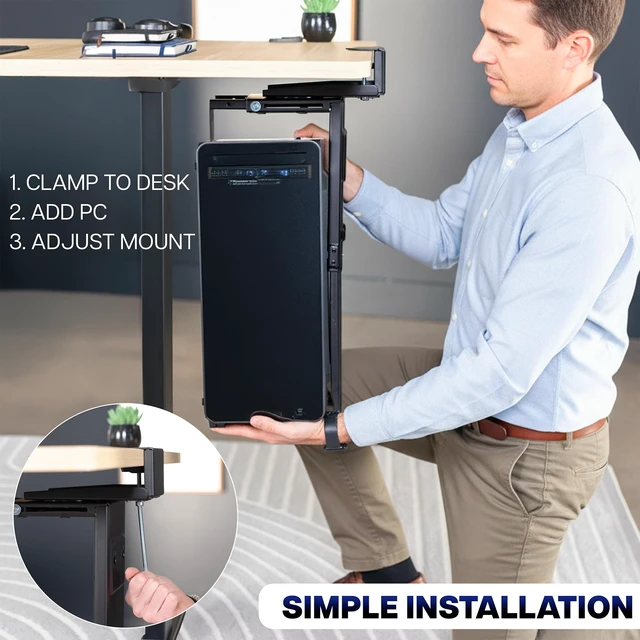 Alt view image 7 of 7 - VIVO Black Clamp-On PC Desk Mount, MOUNT-PCC1S | 3.5-7.8 in Wide Adjustable Steel Bracket, Computer Case CPU Holder with Swivel Action and Secure Locking, Holds 22 lbs