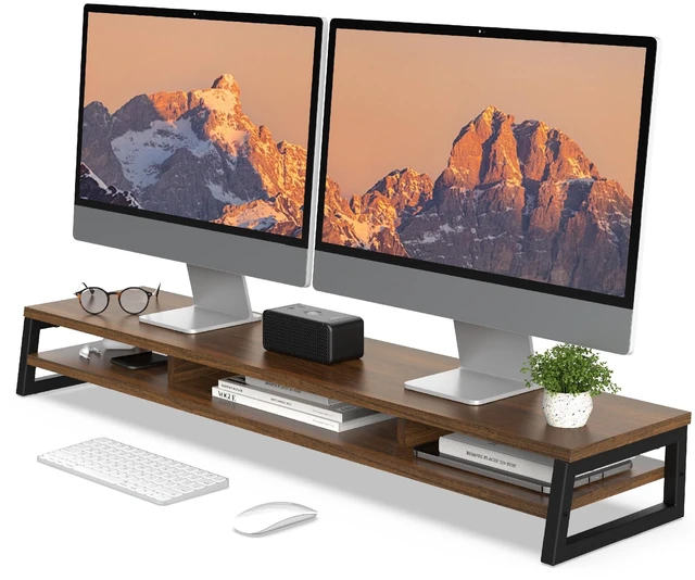 Main image of Fenge Dual Monitor Riser for Desk, Open Shelf with 3 Storage Compartments | 42.5in Computer Monitor Stand, 2-Tier Desk Shelf for Top of Desk, One-Piece Panel, fits Ultrawide Monitor, PC, Laptop, Brown