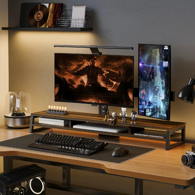 Alt view image 2 of 7 - Fenge Dual Monitor Riser for Desk, Open Shelf with 3 Storage Compartments | 42.5in Computer Monitor Stand, 2-Tier Desk Shelf for Top of Desk, One-Piece Panel, fits Ultrawide Monitor, PC, Laptop, Brown