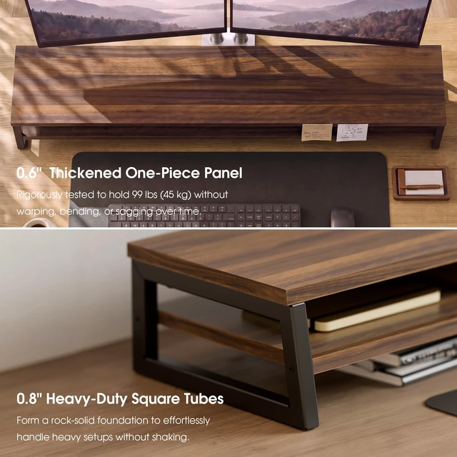 Alt view image 4 of 7 - Fenge Dual Monitor Riser for Desk, Open Shelf with 3 Storage Compartments | 42.5in Computer Monitor Stand, 2-Tier Desk Shelf for Top of Desk, One-Piece Panel, fits Ultrawide Monitor, PC, Laptop, Brown