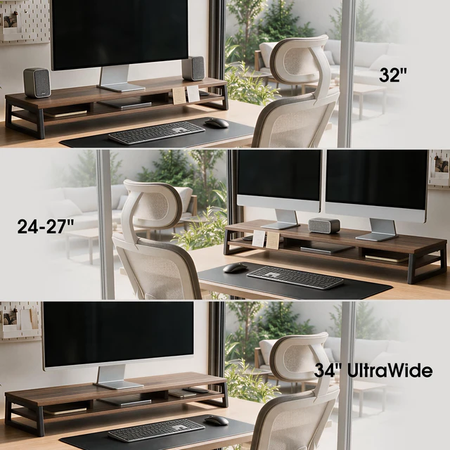 Alt view image 5 of 7 - Fenge Dual Monitor Riser for Desk, Open Shelf with 3 Storage Compartments | 42.5in Computer Monitor Stand, 2-Tier Desk Shelf for Top of Desk, One-Piece Panel, fits Ultrawide Monitor, PC, Laptop, Brown