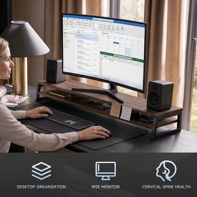 Alt view image 6 of 7 - Fenge Dual Monitor Riser for Desk, Open Shelf with 3 Storage Compartments | 42.5in Computer Monitor Stand, 2-Tier Desk Shelf for Top of Desk, One-Piece Panel, fits Ultrawide Monitor, PC, Laptop, Brown