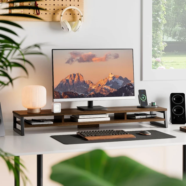 Alt view image 7 of 7 - Fenge Dual Monitor Riser for Desk, Open Shelf with 3 Storage Compartments | 42.5in Computer Monitor Stand, 2-Tier Desk Shelf for Top of Desk, One-Piece Panel, fits Ultrawide Monitor, PC, Laptop, Brown