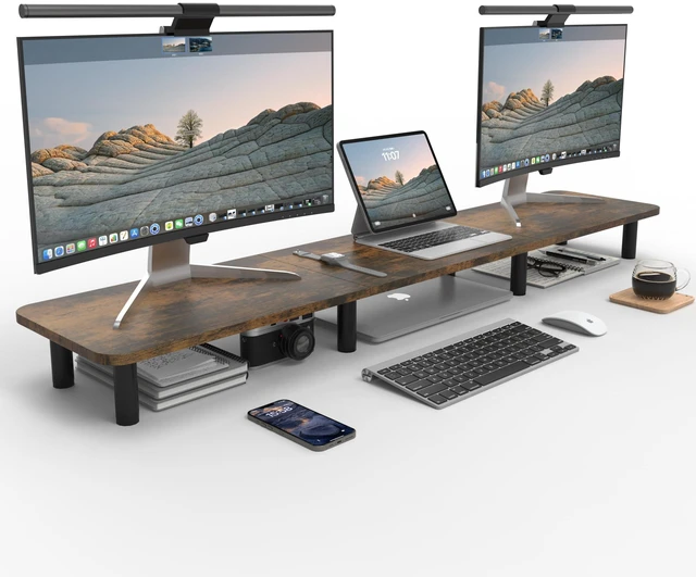 Main image of WEGASTU Dual Monitor Stand - 43.7 inch Extra Long Wide TV Stand - Wood & Steel Leg Desktop Riser - Desk Organization - Home Office (Vintage)