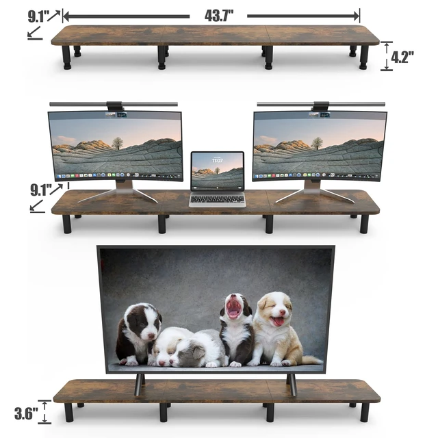Alt view image 4 of 7 - WEGASTU Dual Monitor Stand - 43.7 inch Extra Long Wide TV Stand - Wood & Steel Leg Desktop Riser - Desk Organization - Home Office (Vintage)