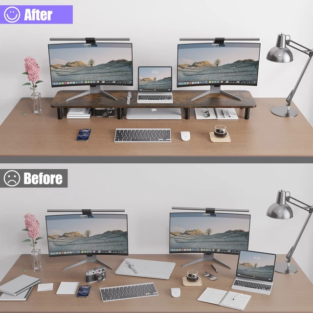 Alt view image 5 of 7 - WEGASTU Dual Monitor Stand - 43.7 inch Extra Long Wide TV Stand - Wood & Steel Leg Desktop Riser - Desk Organization - Home Office (Vintage)