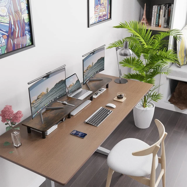 Alt view image 7 of 7 - WEGASTU Dual Monitor Stand - 43.7 inch Extra Long Wide TV Stand - Wood & Steel Leg Desktop Riser - Desk Organization - Home Office (Vintage)