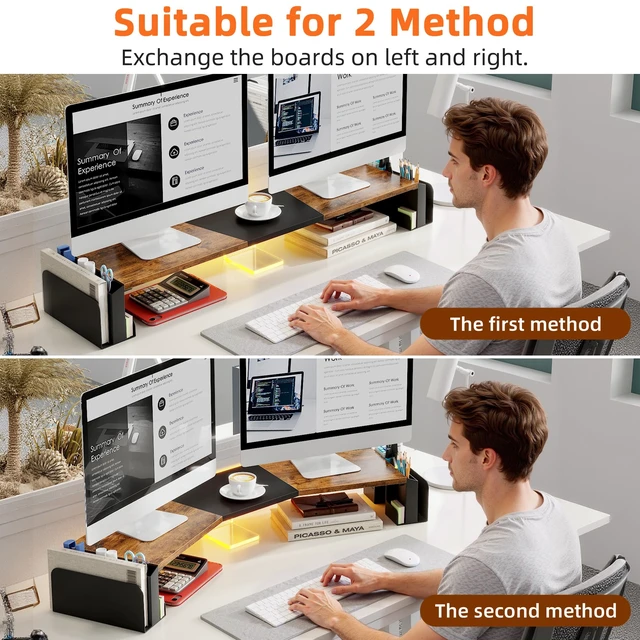Alt view image 2 of 6 - WESTREE Dual Monitor Stand Riser with Storage, Computer Monitor Riser with Adjustable Angle and LED, Desktop Monitor Stand Organizer for Computer, Laptop, Printer