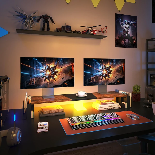 Alt view image 3 of 6 - WESTREE Dual Monitor Stand Riser with Storage, Computer Monitor Riser with Adjustable Angle and LED, Desktop Monitor Stand Organizer for Computer, Laptop, Printer