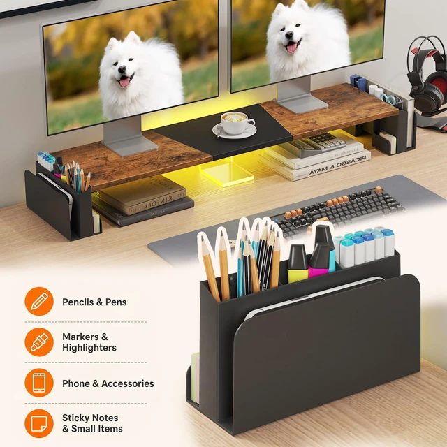Alt view image 4 of 6 - WESTREE Dual Monitor Stand Riser with Storage, Computer Monitor Riser with Adjustable Angle and LED, Desktop Monitor Stand Organizer for Computer, Laptop, Printer