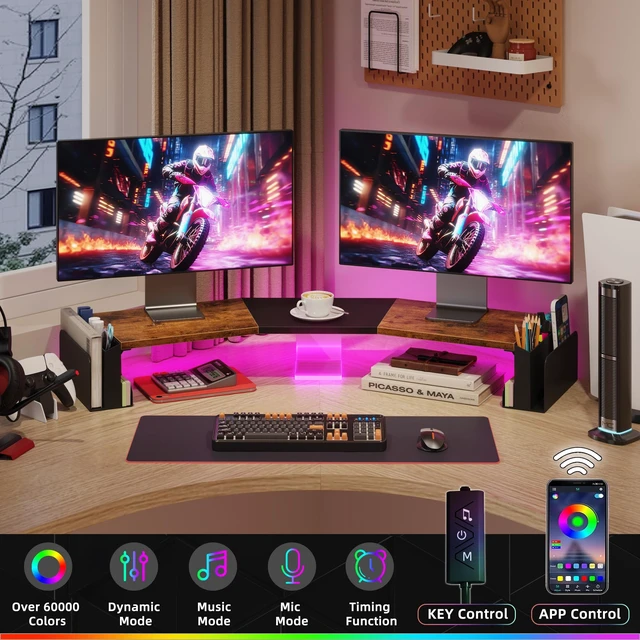 Alt view image 5 of 6 - WESTREE Dual Monitor Stand Riser with Storage, Computer Monitor Riser with Adjustable Angle and LED, Desktop Monitor Stand Organizer for Computer, Laptop, Printer