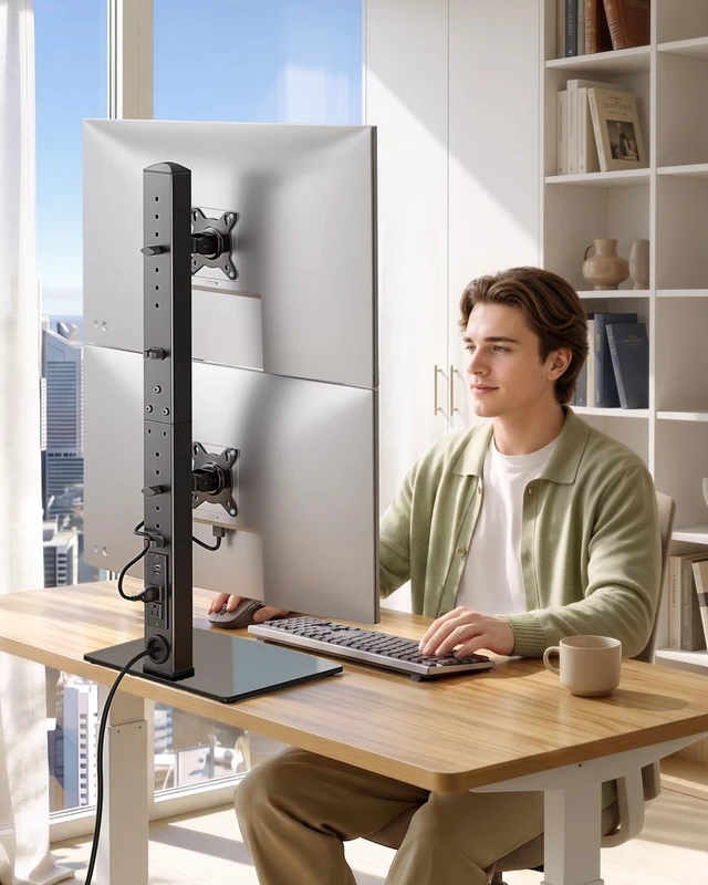 Alt view image 7 of 7 - monTEK Powered Stacked Dual Monitor Stand for 17-32", Glass Base | Space-saving vertical monitor mount, stable glass base and integrated power outlet for a clean two-screen workstation