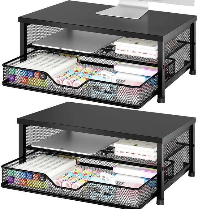 Main image of OPNICE Computer Monitor Stand Riser, Desk Organizer with Drawer, Printer & Laptop Stand, Office Desk Accessories & Workspace Desktop Organizers Storage for Office Supplies(Black 2-Pack)