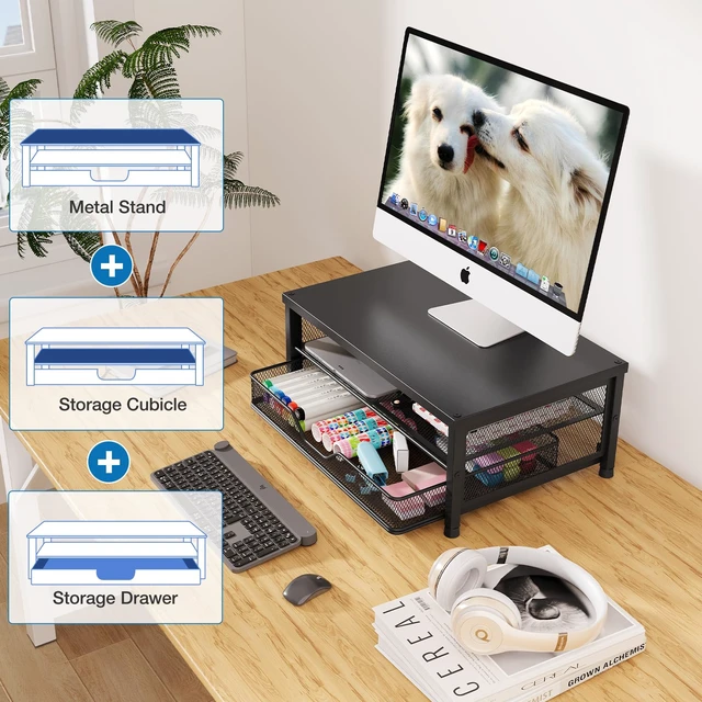 Alt view image 4 of 7 - OPNICE Computer Monitor Stand Riser, Desk Organizer with Drawer, Printer & Laptop Stand, Office Desk Accessories & Workspace Desktop Organizers Storage for Office Supplies(Black 2-Pack)
