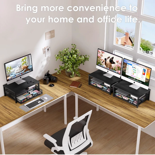 Alt view image 6 of 7 - OPNICE Computer Monitor Stand Riser, Desk Organizer with Drawer, Printer & Laptop Stand, Office Desk Accessories & Workspace Desktop Organizers Storage for Office Supplies(Black 2-Pack)