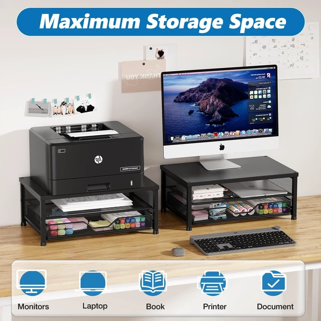 Alt view image 7 of 7 - OPNICE Computer Monitor Stand Riser, Desk Organizer with Drawer, Printer & Laptop Stand, Office Desk Accessories & Workspace Desktop Organizers Storage for Office Supplies(Black 2-Pack)