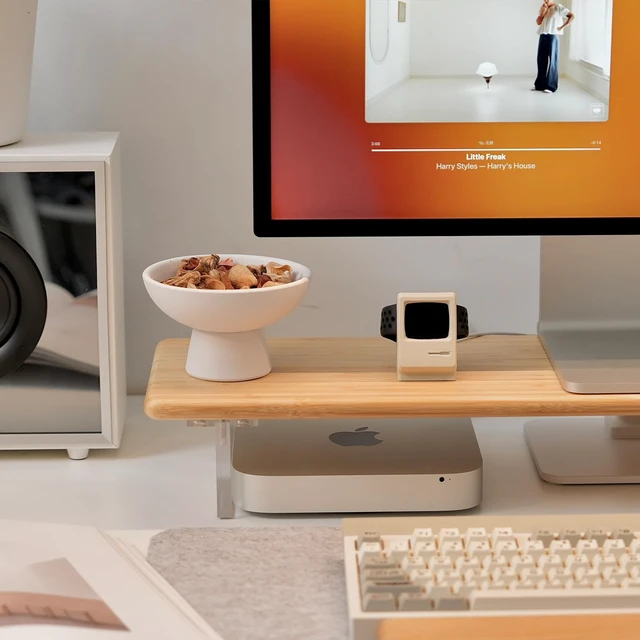 Alt view image 3 of 7 - ROCDEER Bamboo Monitor Stand Riser, Natural Desk Shelf with Acrylic Legs | 31.5-Inch Wide, 3.3-Inch Clearance, Fits Monitor, Laptop, Printer and Speakers for Small Desks