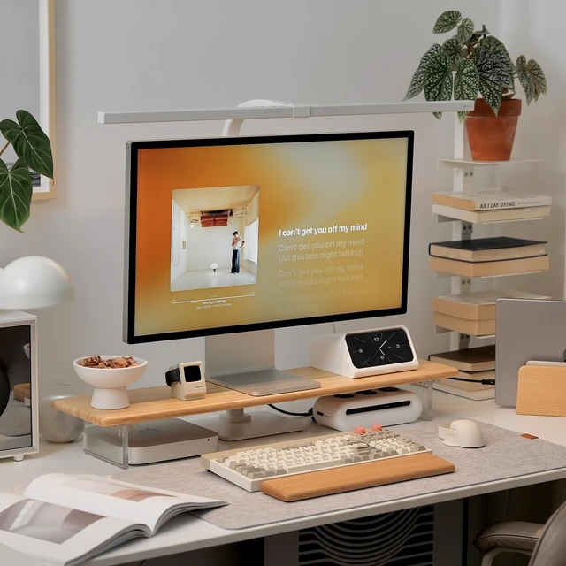 Alt view image 4 of 7 - ROCDEER Bamboo Monitor Stand Riser, Natural Desk Shelf with Acrylic Legs | 31.5-Inch Wide, 3.3-Inch Clearance, Fits Monitor, Laptop, Printer and Speakers for Small Desks
