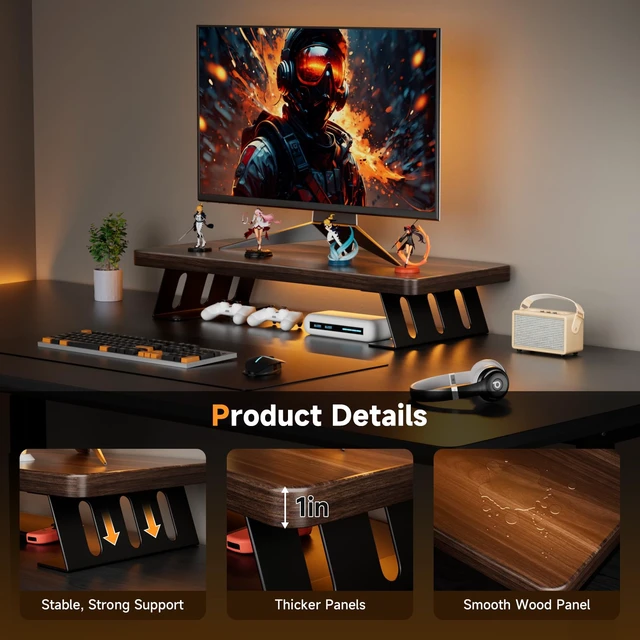 Alt view image 2 of 7 - NestNeat Monitor Stand 24 Inch Wood Monitor Riser, Holds Up to 220 Lbs, Perfect as a Printer Stand or Laptop Riser, Desktop Shelf for Home Office & Gaming Setup-Dark Walnut