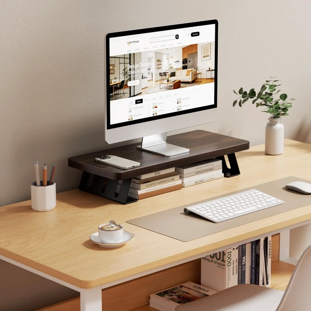 Alt view image 7 of 7 - NestNeat Monitor Stand 24 Inch Wood Monitor Riser, Holds Up to 220 Lbs, Perfect as a Printer Stand or Laptop Riser, Desktop Shelf for Home Office & Gaming Setup-Dark Walnut