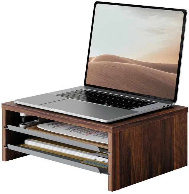 Main image of Fenge 14.3-Inch Monitor Stand with Slide-Out Trays, Wood & Metal Desk Shelf | 3-Tier Space-Saving Desk Storage Organizer, Fits Computer, Laptop, Printer and Telephone