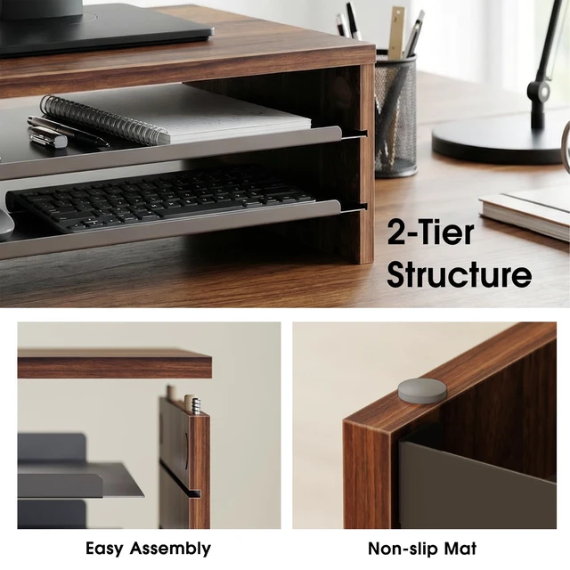 Alt view image 3 of 7 - Fenge 14.3-Inch Monitor Stand with Slide-Out Trays, Wood & Metal Desk Shelf | 3-Tier Space-Saving Desk Storage Organizer, Fits Computer, Laptop, Printer and Telephone