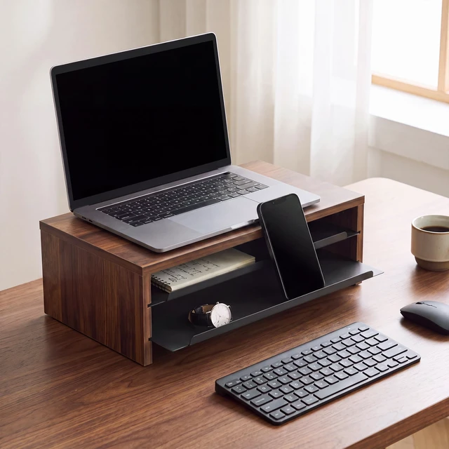 Alt view image 2 of 7 - Fenge 14.3-Inch Monitor Stand with Slide-Out Trays, Wood & Metal Desk Shelf | 3-Tier Space-Saving Desk Storage Organizer, Fits Computer, Laptop, Printer and Telephone