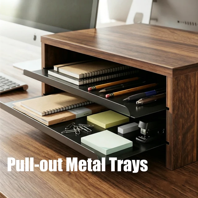 Alt view image 4 of 7 - Fenge 14.3-Inch Monitor Stand with Slide-Out Trays, Wood & Metal Desk Shelf | 3-Tier Space-Saving Desk Storage Organizer, Fits Computer, Laptop, Printer and Telephone