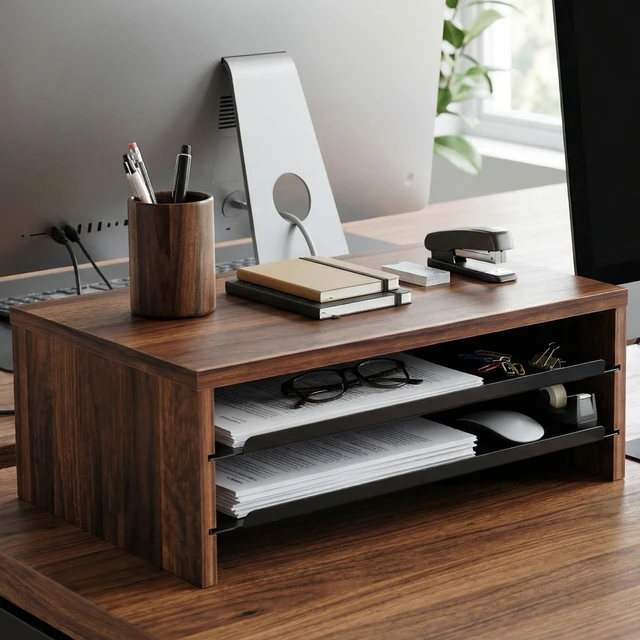 Alt view image 6 of 7 - Fenge 14.3-Inch Monitor Stand with Slide-Out Trays, Wood & Metal Desk Shelf | 3-Tier Space-Saving Desk Storage Organizer, Fits Computer, Laptop, Printer and Telephone
