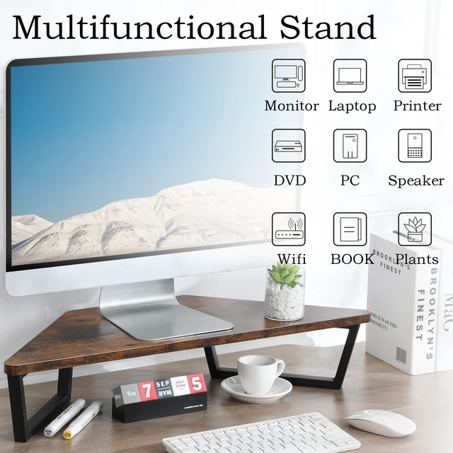 Alt view image 6 of 7 - TEAMIX 26 inch Corner Monitor Stand Riser with Keyboard Storage, Espresso | Triangle Monitor Stand, Wood & Metal Computer Stand, Laptop Riser, Desktop Organizer, for L Shaped Desk