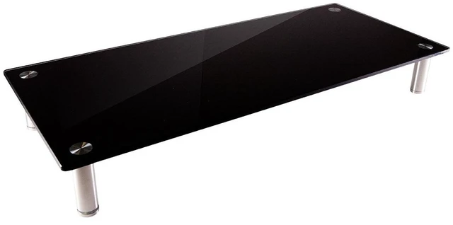 Main image of Multimedia Desktop Stand, Black Glass (27.6" x 12.2" x 3") - Stand & Riser, Laptop Stand, Desktop TV Stand, Dual Monitors w/ Height Adjustable Legs - Workstream Collection (116360), 25.6" x 11.0"