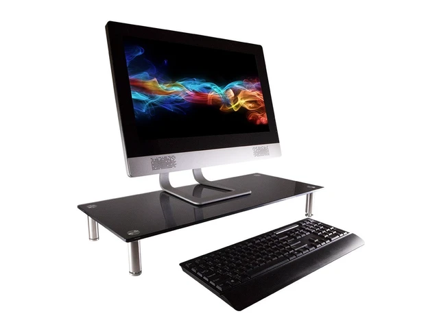 Alt view image 2 of 5 - Multimedia Desktop Stand, Black Glass (27.6" x 12.2" x 3") - Stand & Riser, Laptop Stand, Desktop TV Stand, Dual Monitors w/ Height Adjustable Legs - Workstream Collection (116360), 25.6" x 11.0"