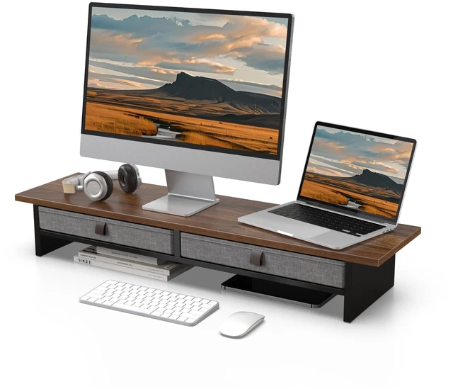 Main image of Fenge 35 Inch Monitor Stand with Drawer Storage, Computer Riser for Desk | Wooden Computer Shelf, 2 Tiers, for Dual Monitor/Laptop/PC/TV/Printer up to 55Lbs, Home Office Desk Organizer