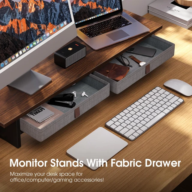 Alt view image 4 of 7 - Fenge 35 Inch Monitor Stand with Drawer Storage, Computer Riser for Desk | Wooden Computer Shelf, 2 Tiers, for Dual Monitor/Laptop/PC/TV/Printer up to 55Lbs, Home Office Desk Organizer